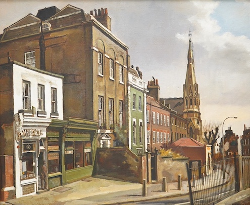 Modern British, oil on board, North London street scene, indistinctly signed and dated, partially obscured by the frame, 49 x 59cm. Condition - good